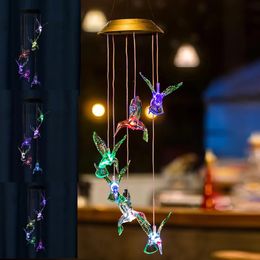 LED Solar Wind Chime Light Color Changing Hummingbird Home Garden Hanging Lamp