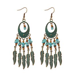 Vintage Ethnic Geometric Hanging Indian Earring Leaf Tassel Beads Dangle Earrings Tibetan Jewelry Ornaments Accessories