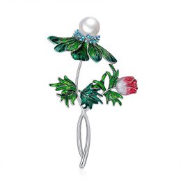 Pins, Brooches Korean Simple Rose Pearl-encrusted Green Leaf Pin Alloy Drip Oil Drill Brooch Model