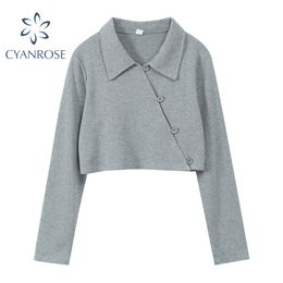 Grey&Black Cropped Cardigan Crop Tees Streetwear Loose Long Sleeve Polo Collar Single Breasted Spring Retro T Shirt Female 210417