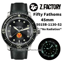ZF Factory Watches 5015B-1130-52 Fifty Fathoms 45mm "No Radiation" Cal.1315 Autoamtic Mens Watch Sapphire Bezel Black Dial Canvas Strap Sports Gents Wristwatches