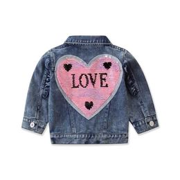 Children Autumn Outfit Blue Lapel Long-Sleeves Denim Jacket with Beadings & Heart-Shapes Sequin Decoration for Little Girls 211204