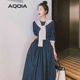 Spring Streetwear Denim Women Long Dress Sleeve Casual Shawl Empire Loose Plus Size Fashion Y2K Ladies Dresses 210521
