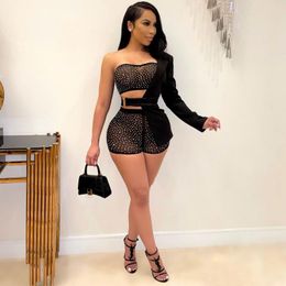 Women's Tracksuits Women Set Mesh Sheer Rhinestone 3 Piece Strapless Crop Top+Shorts +Long Sleeve Coat Summer Outfits Sexy Club Matching