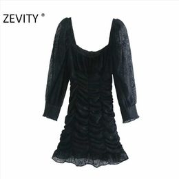 Zevity Women Sexy Square Collar Hem Ruffles Pleated Lace Mini Dress Femme Puff Sleeve Back Zipper Casual Slim Vestido DS4636 210603