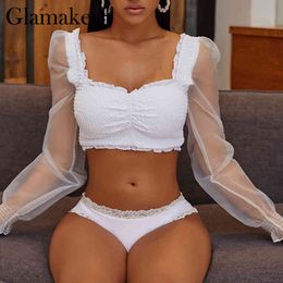 Glamaker Sexy 2 piece white swimsuit Women Transparent lace ruffle crop high waist micro bikini Female bathing suits beach wear 210412