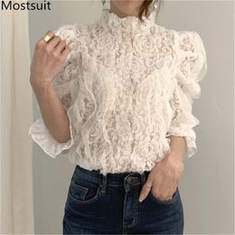 Spring Fashion Korean Lace Blouses Shirts Women Puff Sleeve Stand Collar Elegant Office Ladies Tops 210513