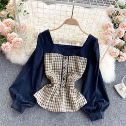 Spring Fashion Temperament French Blouse Female Square Collar Puff Sleeve Plaid Ruffled Blusa All-match Shirt GK086 210506