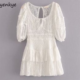 Fashion Hollow Out Floral Lace Dress Women Square Neck Puff Sleeve A-line White Female Summer Mini Party vestido 210514