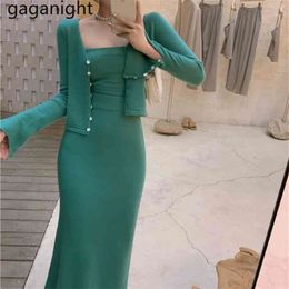 Elegant Women Suit Three Pieces Set Solid Stretchy Knit Cardigan Crop Camis Long Skirt Fashion Outfit Sexy Party Suits 210601