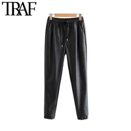 Women Faux PU Leather Pockets Pants Vintage Fashion Elastic Waist Drawstring Tie Ladies Ankle Trousers Pantalones Mujer 210507