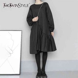 Casual Black Dress For Women O Neck Long Sleeve Solid Minimalist Loose Dresses Female Fashion Clothes Fall 210520