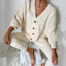WomenTwo Piece Pants Knitting 2-pieces suit Hemp Flower V-neck Single Breasted cardigan Pants lady winter sweater Set