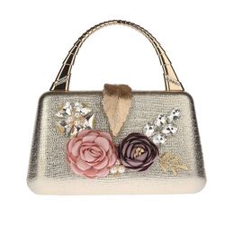 Black Colour PU Fashion Flower Wedding Bridal Evening Bags Clutch Leaf Golden Luxury Diamonds Bucket Handbags Purse