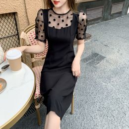 Summer Elegant Polka Dot Organza Puff Sleeve Stitching Fake Two Korea Chic Retro Fashion Slim Party Dress Vestidos 210518