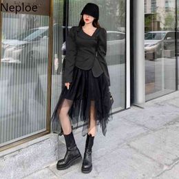 Neploe Two Piece Set Women Fashion Irregular Skew Collar Puff Sleeve Tops Jacket Black Gauze Skirt Temperament Harajuku Suit 210422