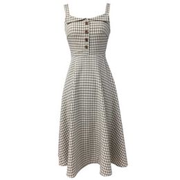 PERHAPS U Khaki Square Collar Strap Button Plaid Sleeveless Fit And Flare Midi Dress Summer Vintage D0465 210529