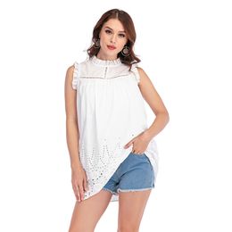 Women Long T-shirt Cotton White Ruffle Sleeveless Lady T-shirts Hollow Out Pleated Stand Collar Summer Solid Loose Casual 210518
