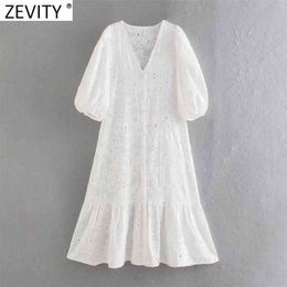 Women Elegant Hollow Out Embroidery Casual White Shirtdress Female Lantern Sleeve Hem Ruffles Vestido Chic Dresses DS8172 210416
