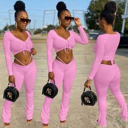 White 2 Piece Pants Sets Women Outfits Fall Solid Drawstring Crop Top and Leggings Set Sexy Club Outfits for Women Matching Sets Y0625