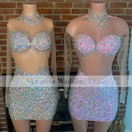 Sparkle Beads Crystal Cocktail Dresses Woman Party Night Illusion vestidos formales Short Prom Gowns vestidos de fiesta