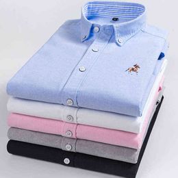 S~4XL High Quality 100% Cotton Oxford Mens Plaid Shirts Man Embroidery Casual Long Sleeve Shirt for Men White Blue Dress Shirt G0105