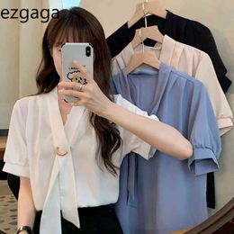 Ezgaga Office Lady Shirts Vintage Short Sleeve Summer New Elegant Tie Korean Chic Solid Loose Blouse Female Fashion 210430
