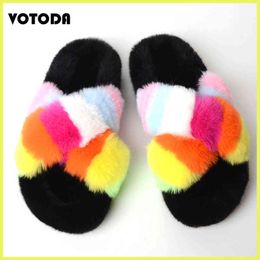 Winter Full-Cover Fur Slippers Female Fluffy Faux Fur Slides Furry Rainbow Cross Cotton Shoes Fashion Warm Cute Women Flip Flops H1122