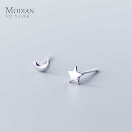 Fashion Minimalist Star Moon Asymmetry 100% 925 Sterling Silver Anti-Allergy Stud Earring for Women Fine Jewellery Brincos 210707