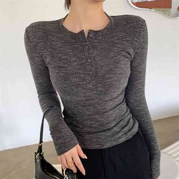 Women T-Shirt Long Sleeve Tshirt Top V Neck Button Tops Summer Korean Fashion Clothing Slim Thin Sexy Elasticity T Shirt 210507