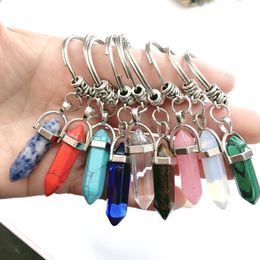 Hexagon Prism Natural Stone Pendant Keychain Quartz Key Rings Pink Crystal Keys Chains Accessories Chain