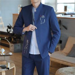 2 Pcs Set Suit Jacket Pants / 2021 Fashion New Men's Slim Casual Business Linen Stand Up Collar Blazers Coat Stretch Waist Pants X0909