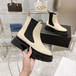 Thick Sole Chelsea Boots Woman Round Toe Slip On Short Shoes Genuine Leather Black Beige Motorcycle Boot Flat Shoe Women