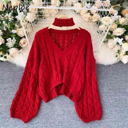 Neploe Ins Loose Fashion Women Sweaters Puff Sleeve Sexy V-neck Knitted Pullovers Vintage Halter Collar Twist Patchwork Tops 210423