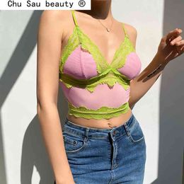 Fashion Summer Patchwork Lace Cute Kawaii Crop Top Women V Neck Sexy Party Tops Female Sweety Camsi Streetwear Tee Shirt 210508