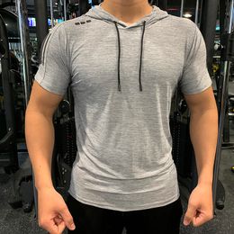 Grey GYM Sport Hooded Running T shirt Fitness Slim High Elasticity Breathable Quick Dry Bodybuilding Mens Tshirt Men Tee Tops