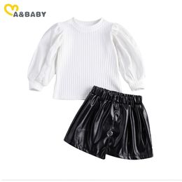1-6Y Spring Autumn Kid Children Girls Clothes Set Lace Puff Sleeve Tops Pu Leather Skirts Girl Clothing Costumes Outfits 210515