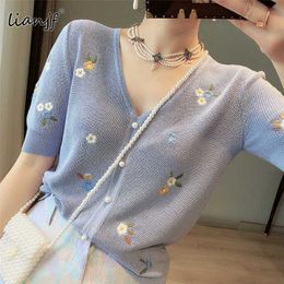 Floral Embroidery Thin Knitted Cardigans Sweaters Summer Women Korean Fashion V-neck Short Sleeve Single-breasted Ice Silk Tops 211011