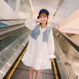 Dress for Girls Sweet Denim Waistcoat Fake Two Piece Costume New Spring Autumn Preppy Style Teens Girls Clothing 6 8 10 12 14Yrs Q0716