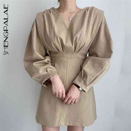 Minimalist Dress Women's Summer V-neck Loose Waist Thin Lantern Long Sleeve Mini Dresses Female ZA5399 210427