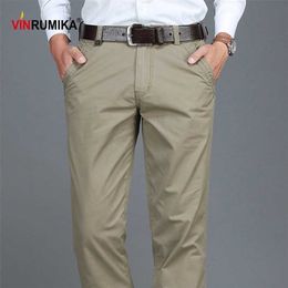 Summer Men Business Casual 100% Cotton Khaki Pants Man Spring Autumn Black Blue Work Pant Army Green Straight Long Trousers 211201