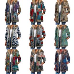 Autumn Winter Cardigan Women's Vintage Ethnic Floral Printed Long Sleeve Tunic Jackets Ladies Loose Outerwear Chic Top Coat 211014