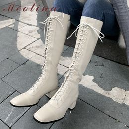 Women Long Boots Shoes Real Leather High Heel Knee Square Toe Lace Up Block Heels Ladies Beige Size 43 210517