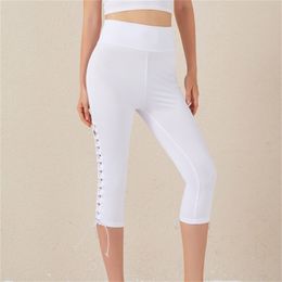 Plus Size Bandage Cropped Trousers Women High Waist Skinny Pants Casual Pure Colour Fitness Leggings 210604