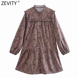 Women Vintage O Neck Agaric Lace Leopard Print Shirt Dress Female Chic Long Sleeve Ruffles Party Vestido DS5041 210416