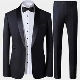 Men's Lapel Collar 2 Piece Suit Set Coat Trousers / Business Groomsmen Groom Wedding Dress Blazer Pants X0909