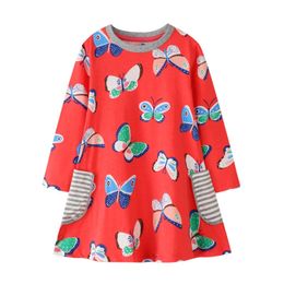 Jumping Metres 3-12T Long Sleeve Autumn Girls Pockets Cotton Clothing Butterflies Print Party Dresses 210529