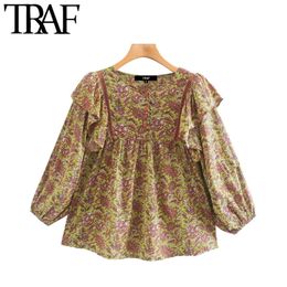 TRAF Women Fashion Floral Print Ruffled Blouses Vintage O Neck Pull Sleeve Female Shirts Blusas Chic Tops 210415