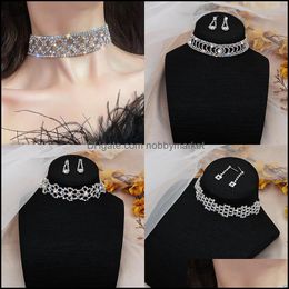 Earrings & Necklace Jewelry Sets Factory Direct Sales European American Inlaid With Fl Diamond Pattern Shining Chain Band Neck Element Drop