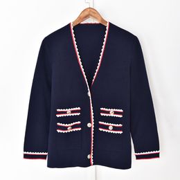 2021 Autumn Fall Long Sleeves V Neckline Blue Cardigan French Style Contrast Colour Knitted Double Pockets Contrast Trim Single-Breasted Sweaters G121028